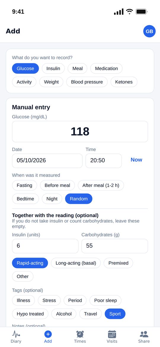 New reading with insulin and carbs
